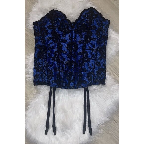 Fredericks of Hollywood Lace Garter Burlesque Corset Side Close 38 Blue Black - Picture 1 of 5